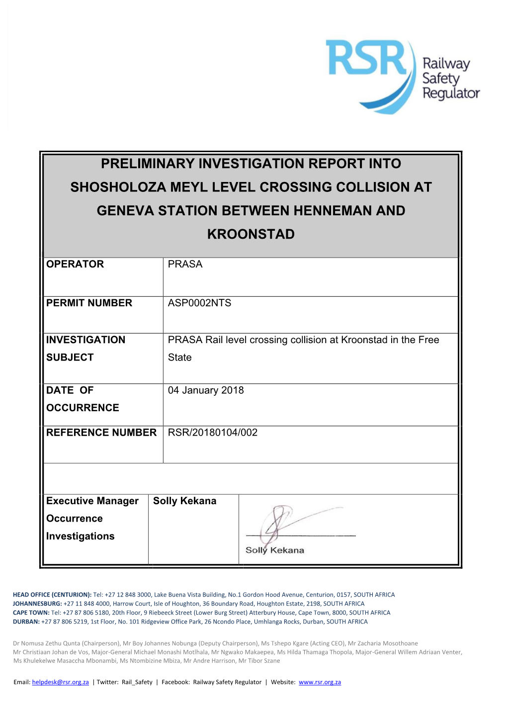 Preliminary Investigation Report Into Shosholoza