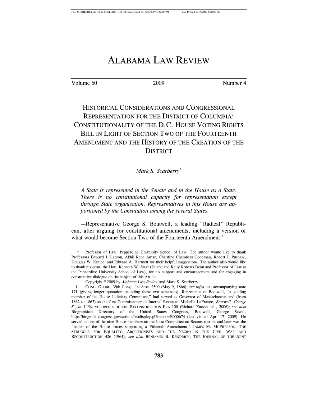 Constitutionality of the D.C. House Voting Rights Bill in Light of Section Two of the Fourteenth Amendment and the History of the Creation of the District