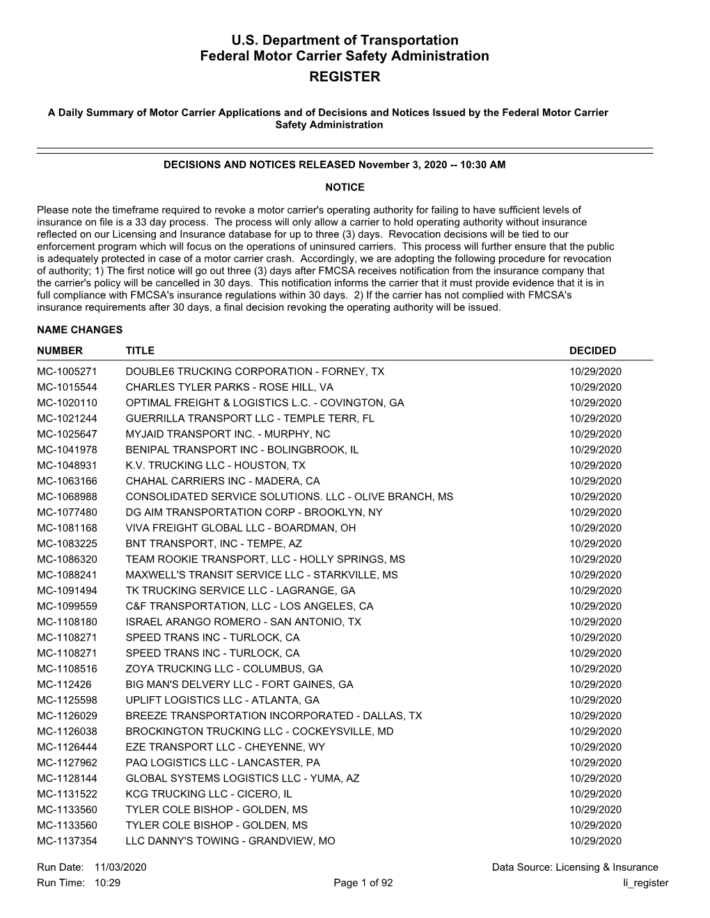 U.S. Department of Transportation Federal Motor Carrier Safety Administration REGISTER