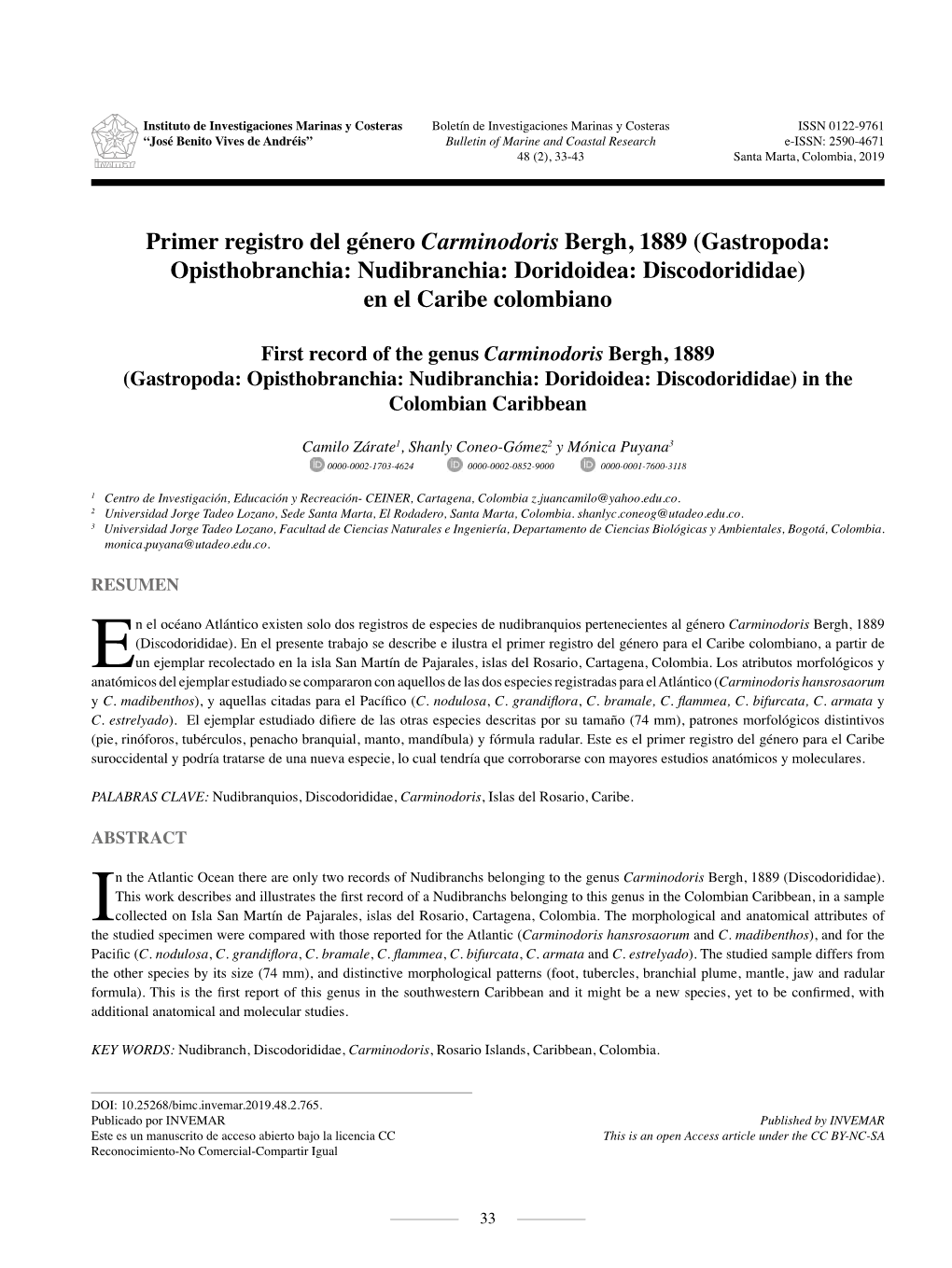 Primer Registro Del Género Carminodoris Bergh, 1889 (Gastropoda: Opisthobranchia: Nudibranchia: Doridoidea: Discodorididae) En El Caribe Colombiano