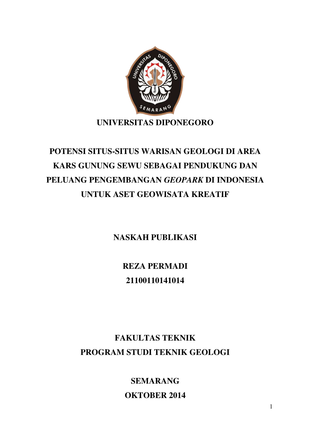 Universitas Diponegoro Potensi Situs-Situs Warisan Geologi Di Area Kars Gunung Sewu Sebagai Pendukung Dan Peluang Pengembangan G