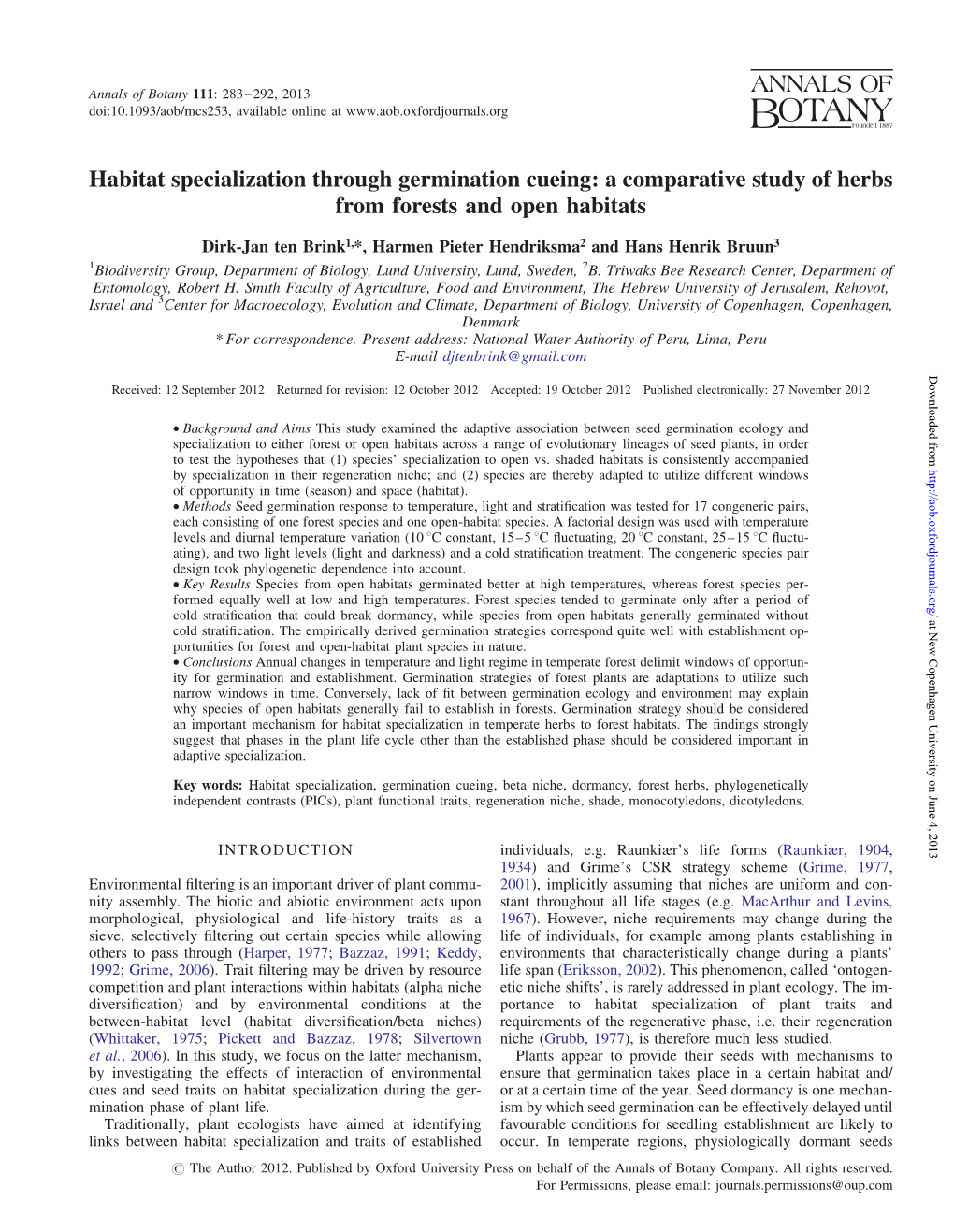 Habitat Specialization Through Germination Cueing: a Comparative Study of Herbs from Forests and Open Habitats