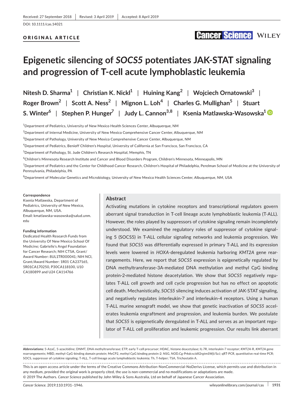 Epigenetic Silencing of SOCS5 Potentiates JAK&