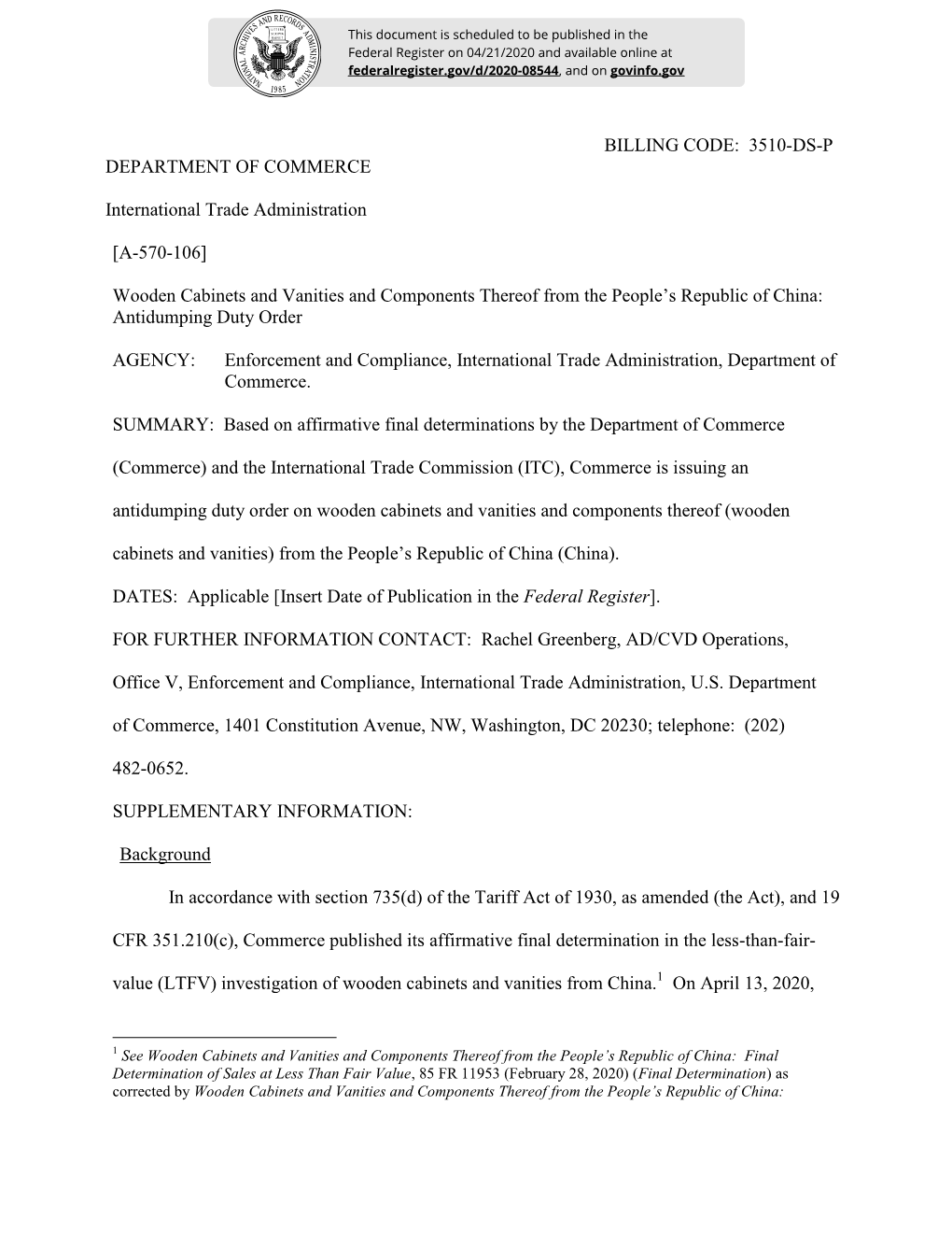 Wooden Cabinets and Vanities and Components Thereof from the People’S Republic of China: Antidumping Duty Order