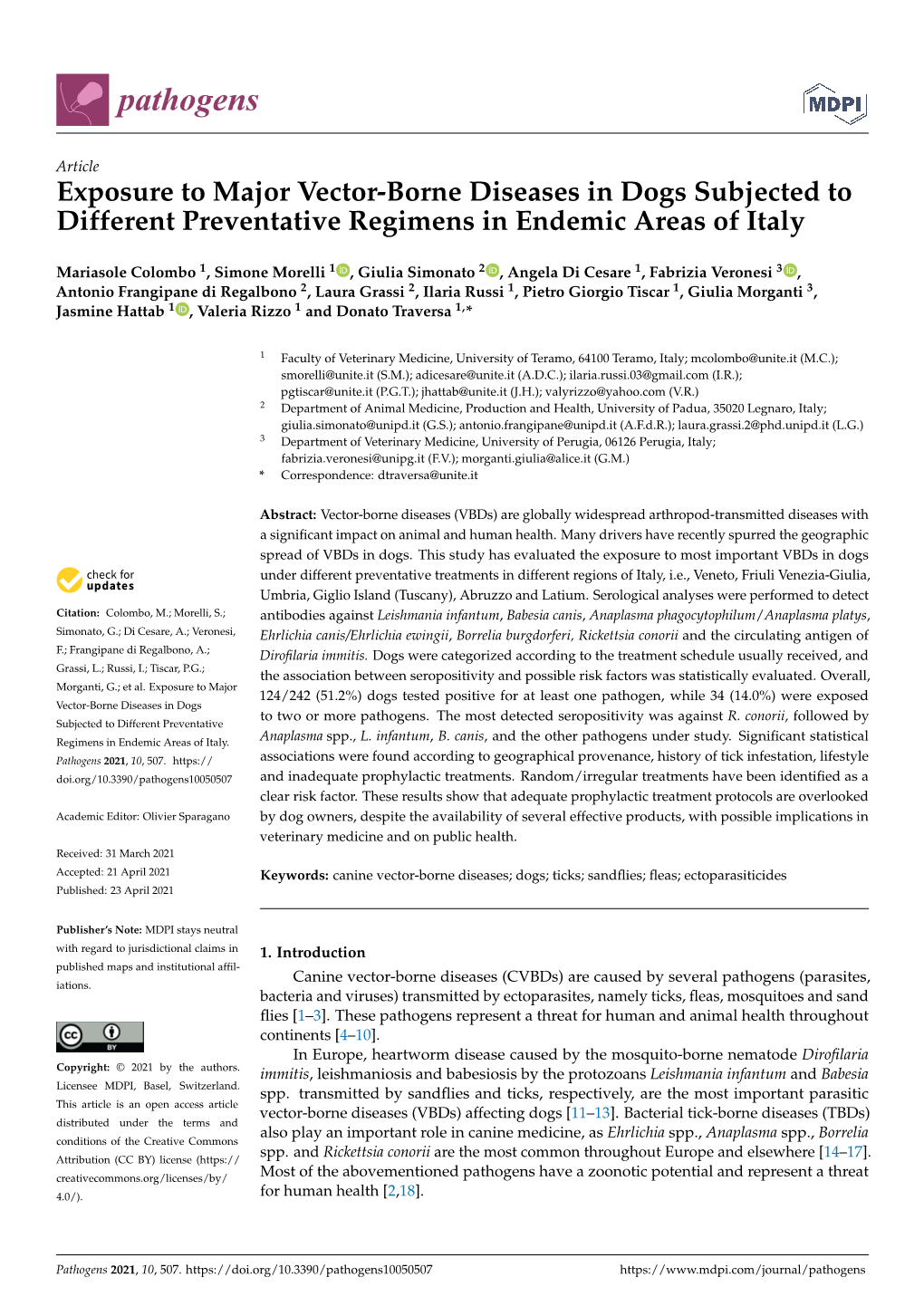 Exposure to Major Vector-Borne Diseases in Dogs Subjected to Different Preventative Regimens in Endemic Areas of Italy