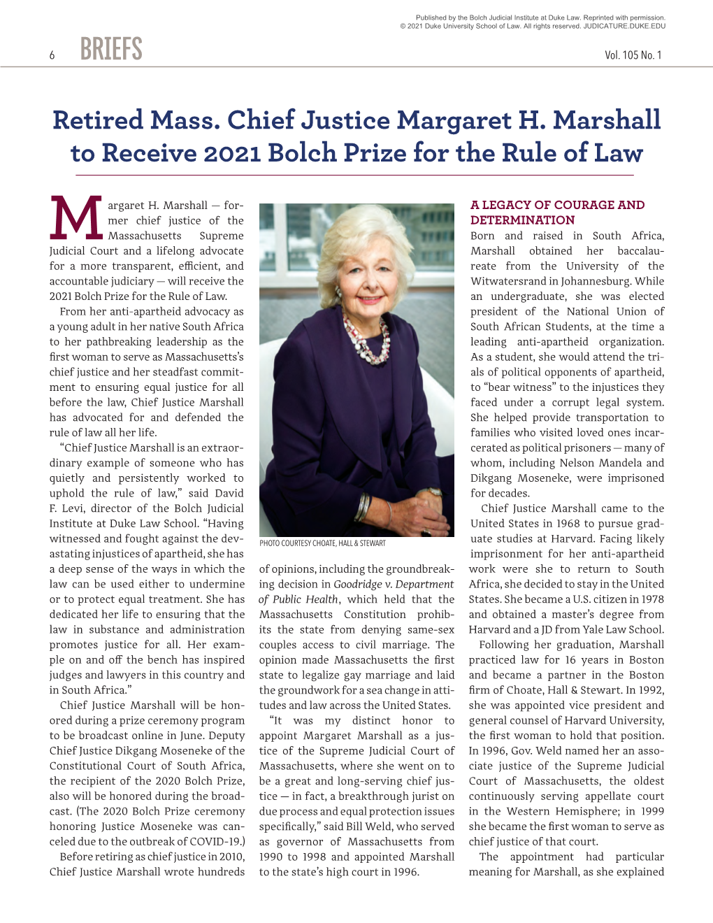 Retired Mass. Chief Justice Margaret H. Marshall to Receive 2021 Bolch Prize for the Rule of Law