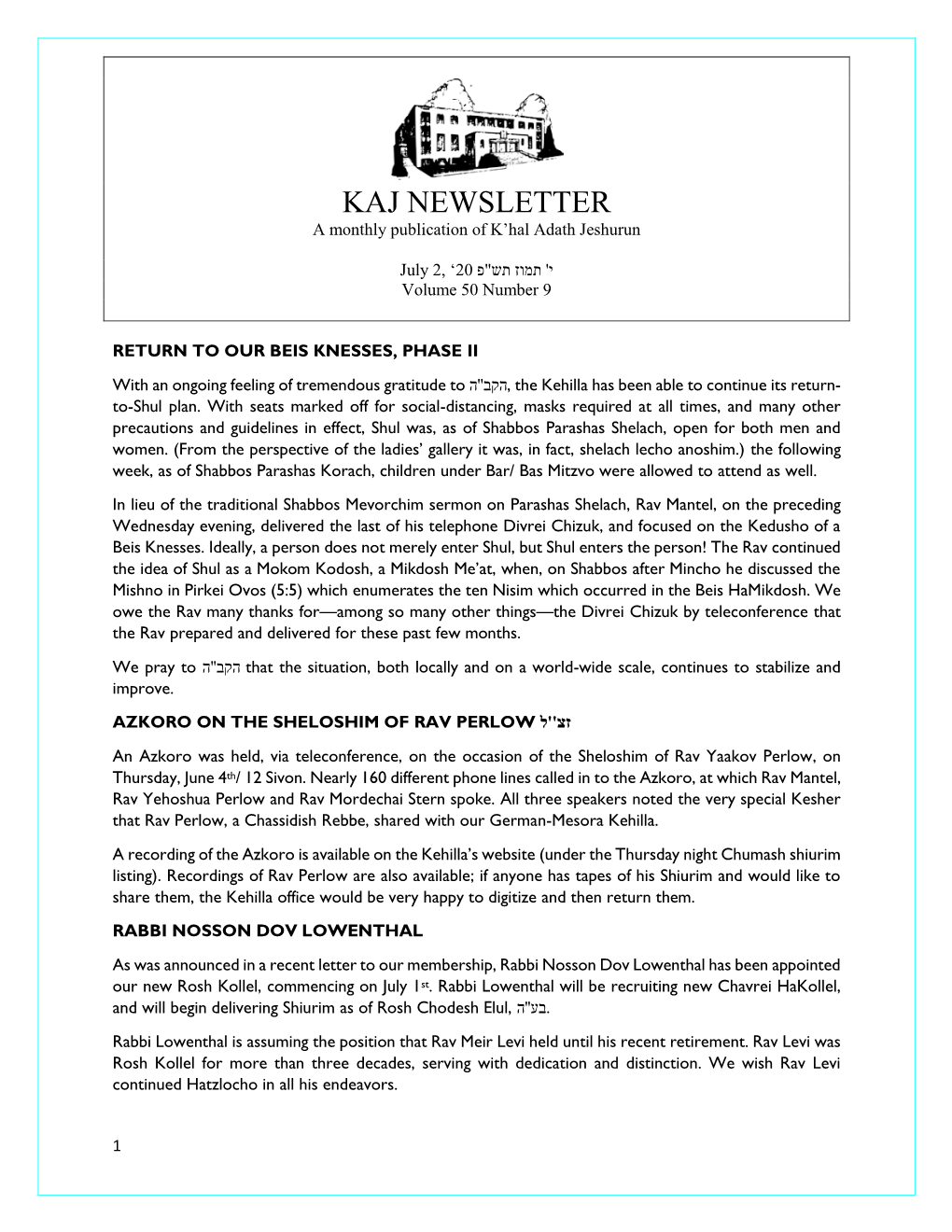 KAJ NEWSLETTER a Monthly Publication of K’Hal Adath Jeshurun