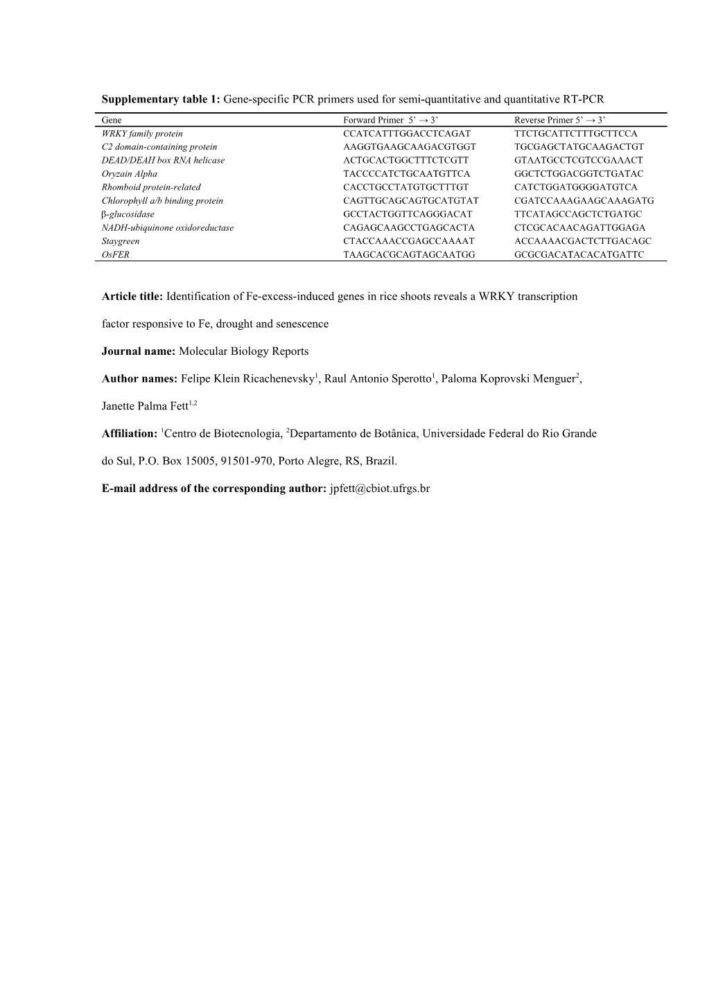 Supplementary Table 1: Gene-Specific PCR Primers Used for Semi-Quantitative and Quantitative