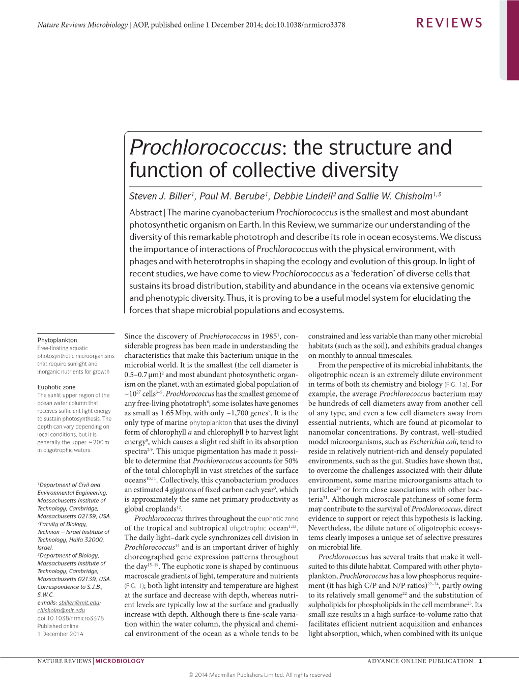 Biller, Et Al., 2014. “Prochlorococcus: the Structure and Function Of