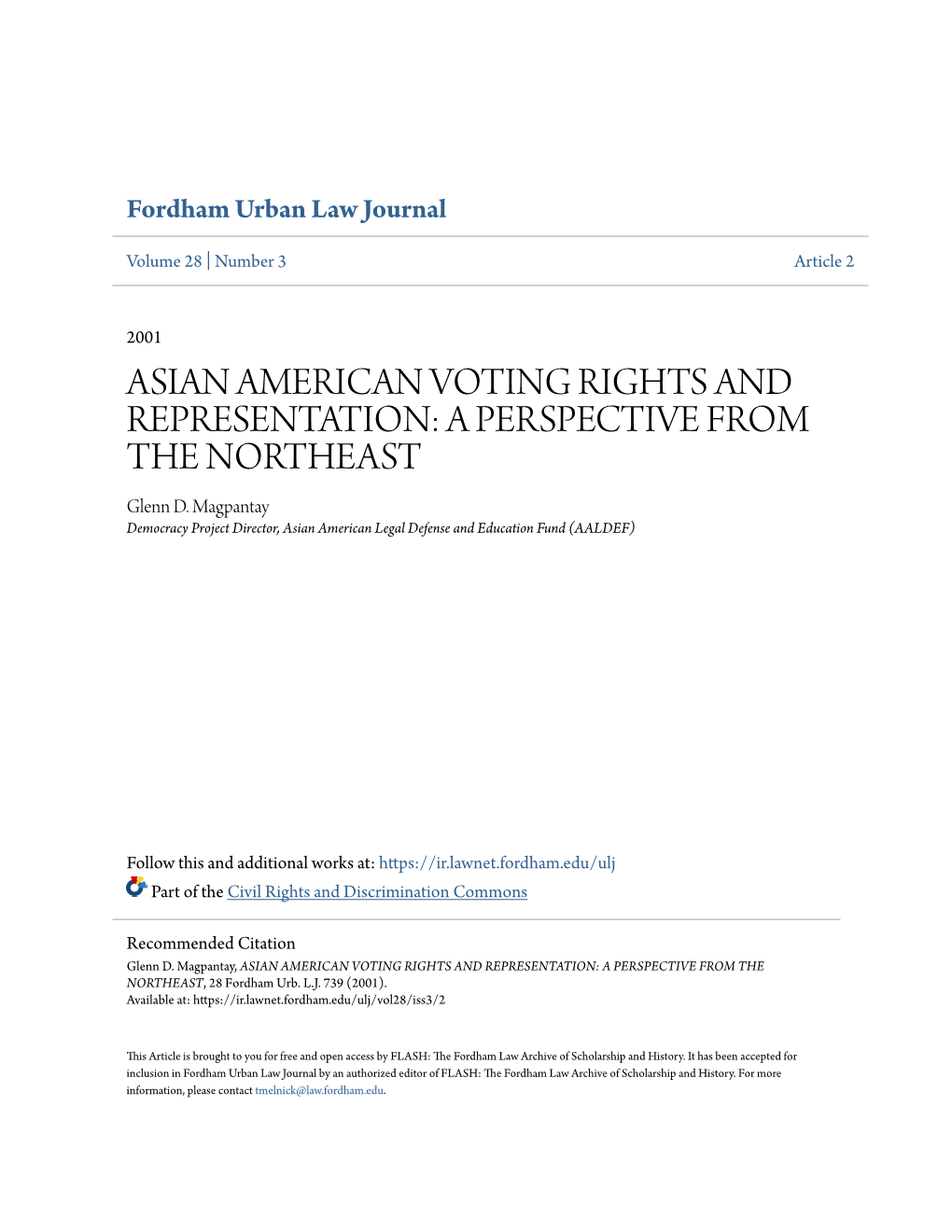 ASIAN AMERICAN VOTING RIGHTS and REPRESENTATION: a PERSPECTIVE from the NORTHEAST Glenn D