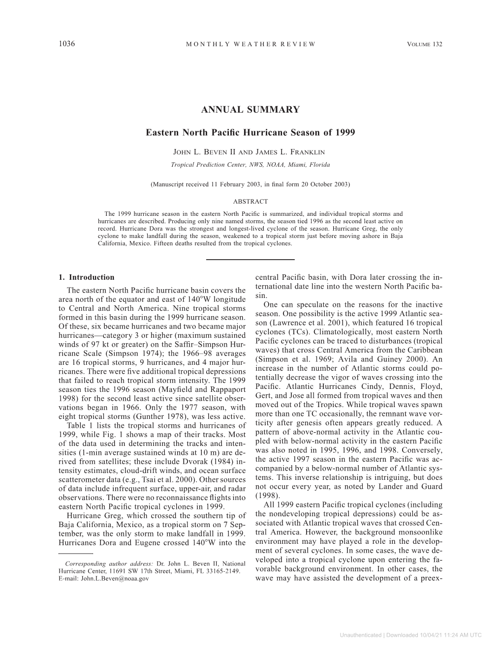 ANNUAL SUMMARY Eastern North Pacific Hurricane Season of 1999