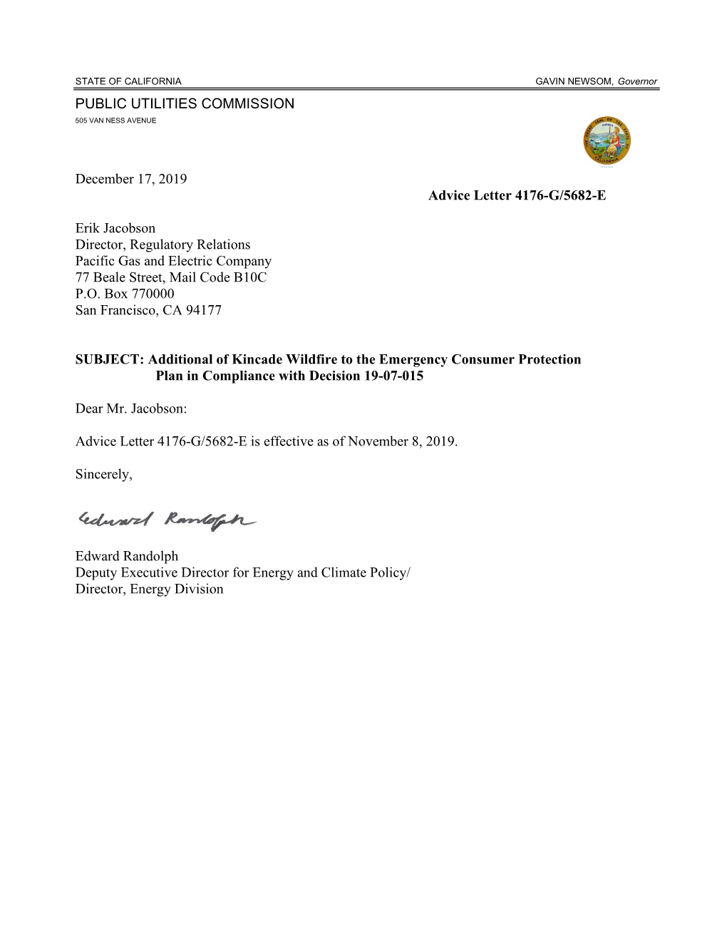 PUBLIC UTILITIES COMMISSION December 17, 2019 Advice Letter