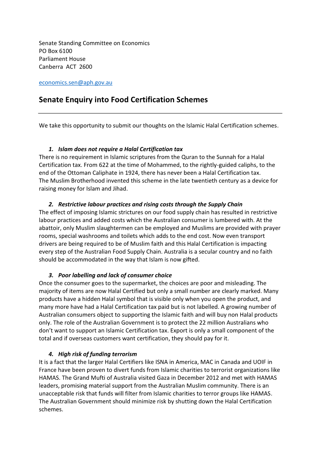 Senate Enquiry Into Food Certification Schemes