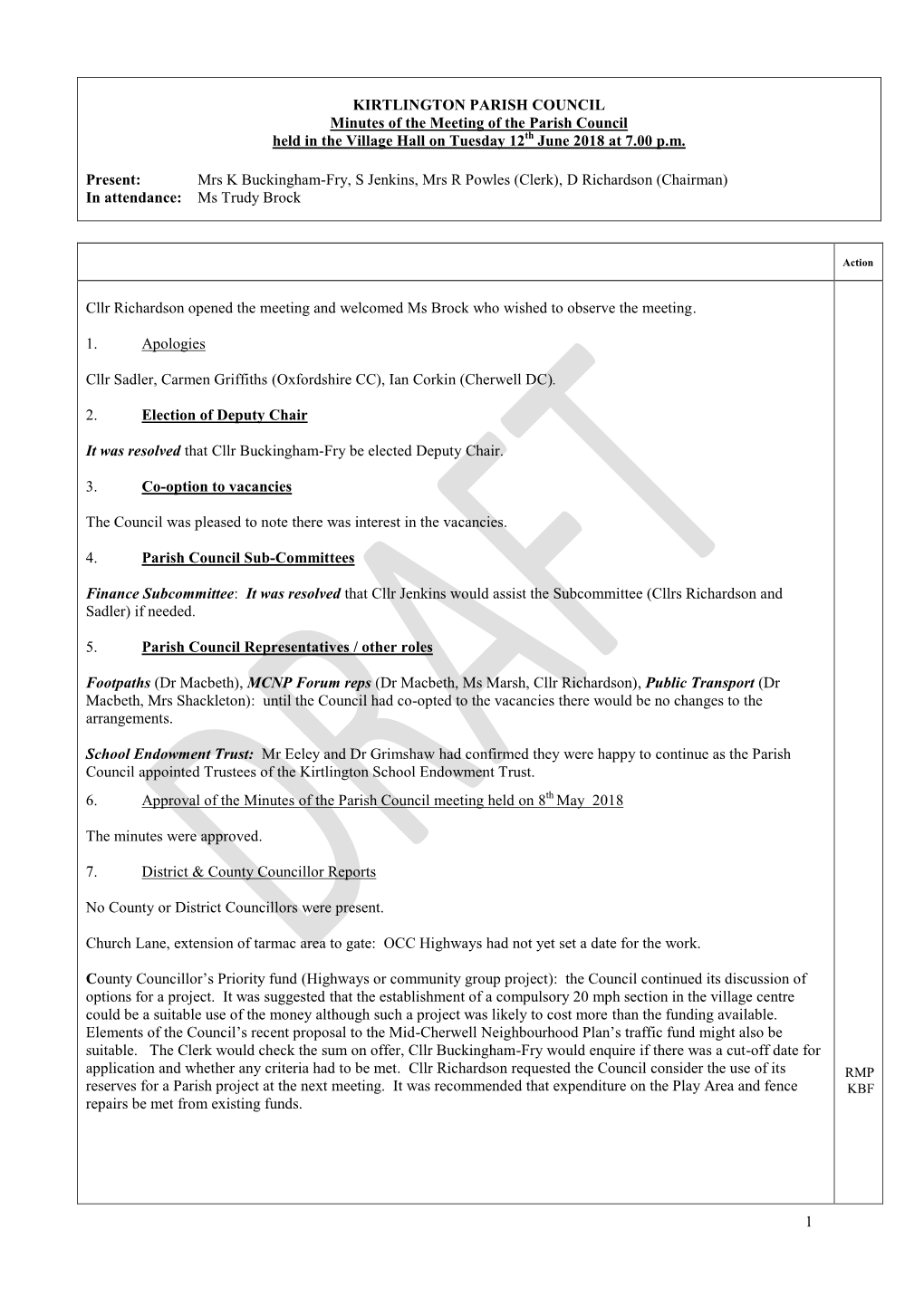 KIRTLINGTON PARISH COUNCIL Minutes of the Meeting of the Parish Council Held in the Village Hall on Tuesday 12Th June 2018 at 7.00 P.M