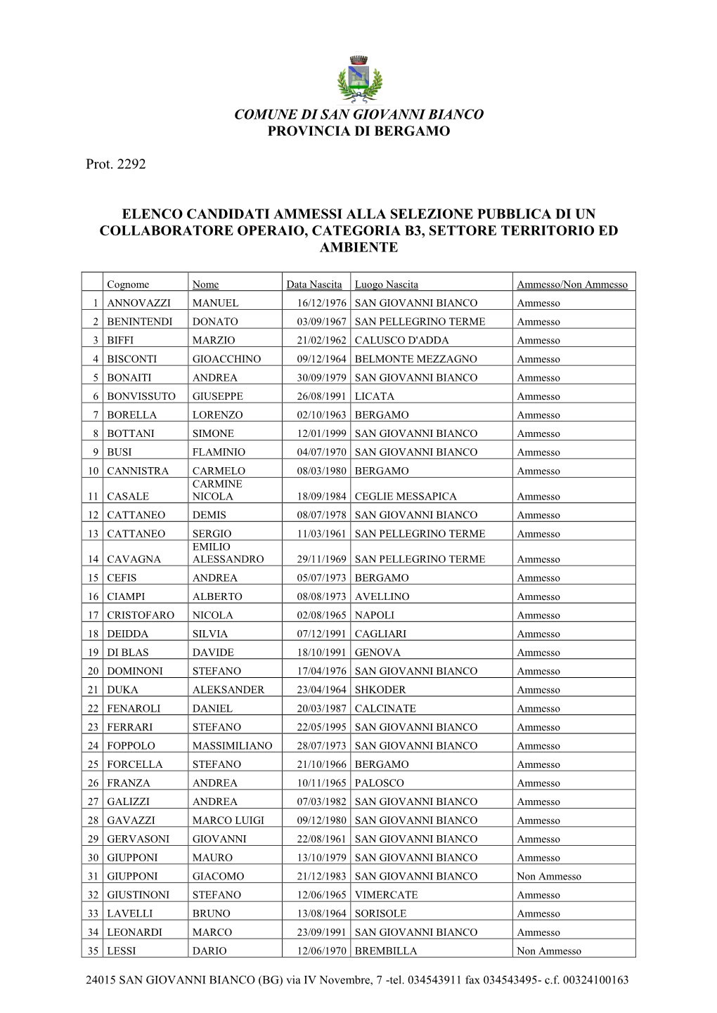 COMUNE DI SAN GIOVANNI BIANCO PROVINCIA DI BERGAMO Prot