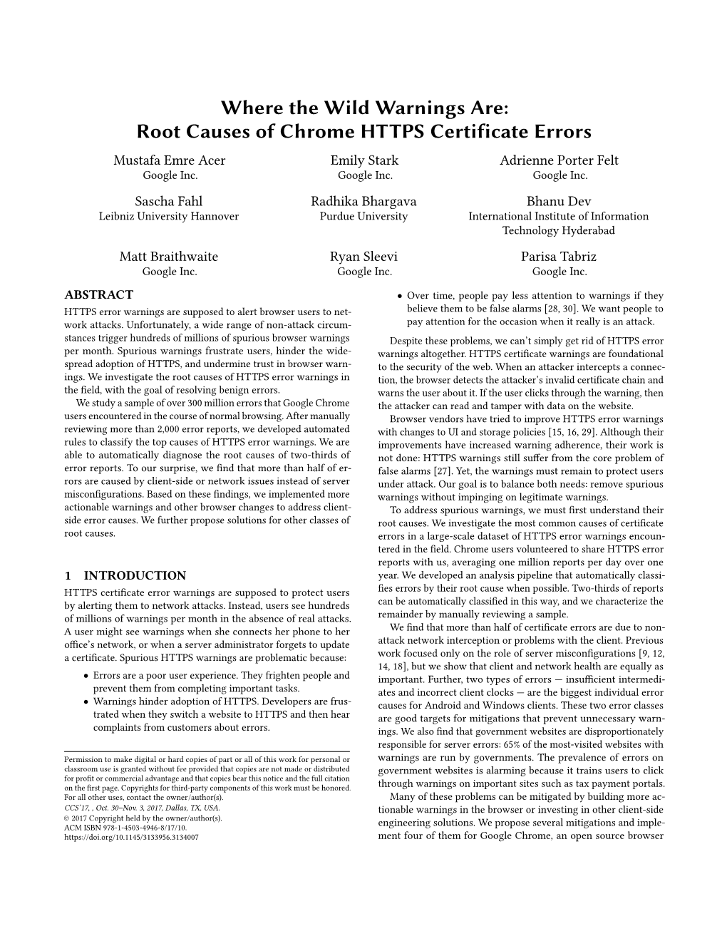 Root Causes of Chrome HTTPS Certificate Errors Mustafa Emre Acer Emily Stark Adrienne Porter Felt Google Inc