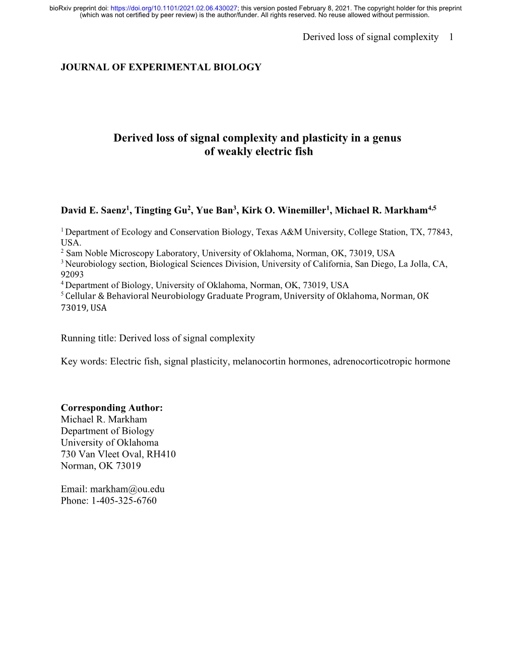 Derived Loss of Signal Complexity and Plasticity in a Genus of Weakly Electric Fish