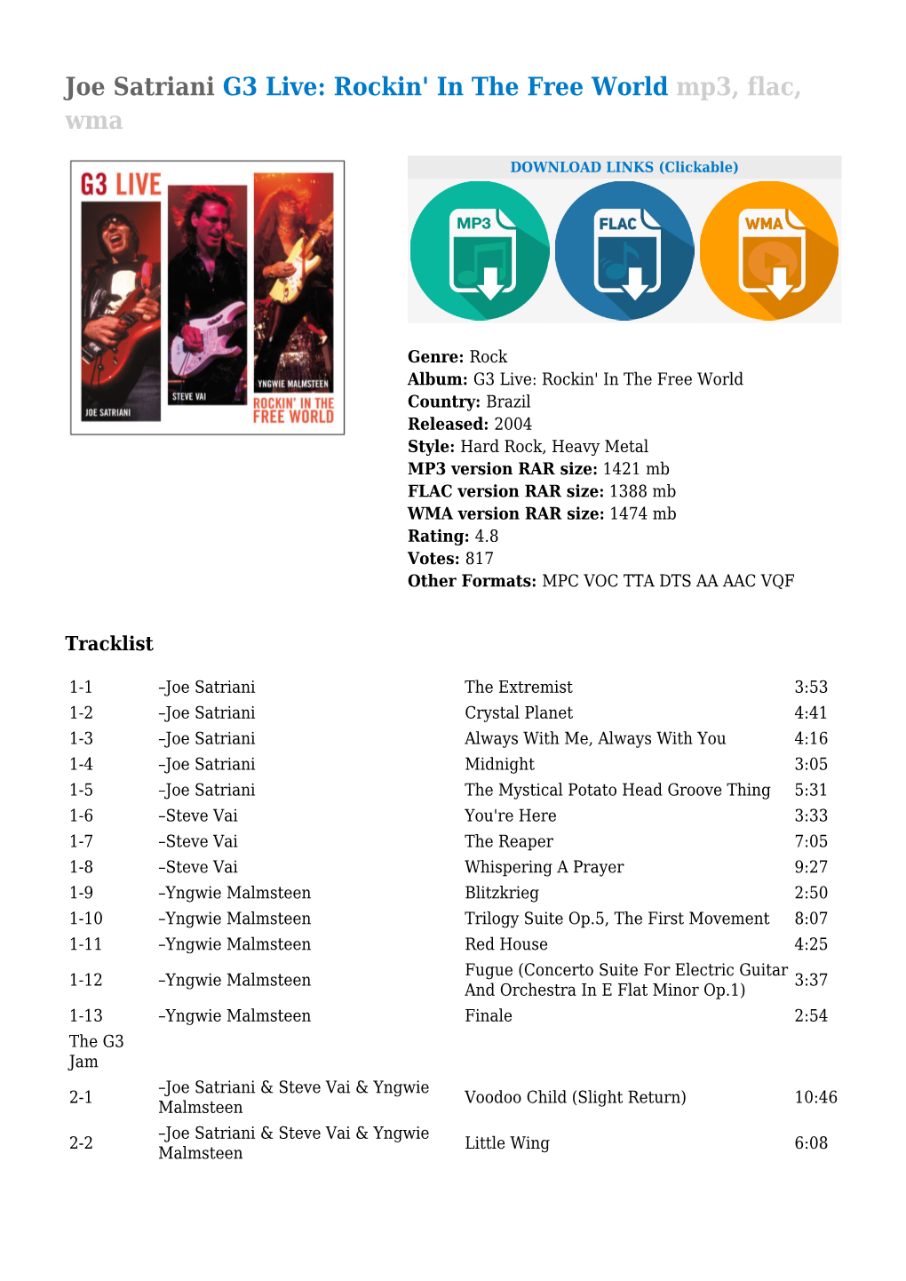Joe Satriani G3 Live: Rockin' in the Free World Mp3, Flac, Wma