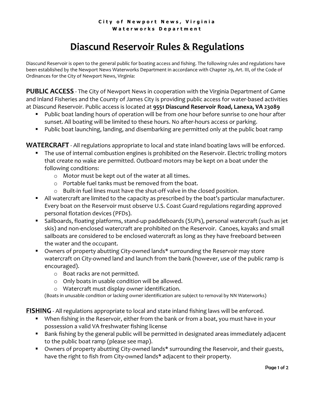 Diascund Reservoir Rules & Regulations