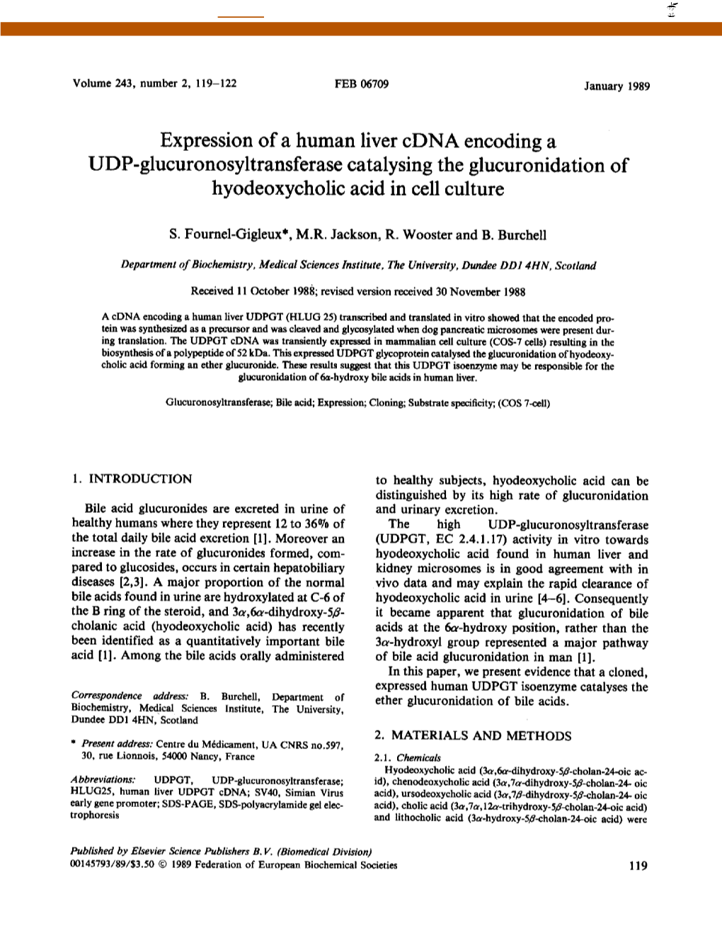 Expression of a Human Liver Cdna Encoding a UDP-Glucuronosyltransferase Catalysing the Glucuronidation of Hyodeoxycholic Acid in Cell Culture