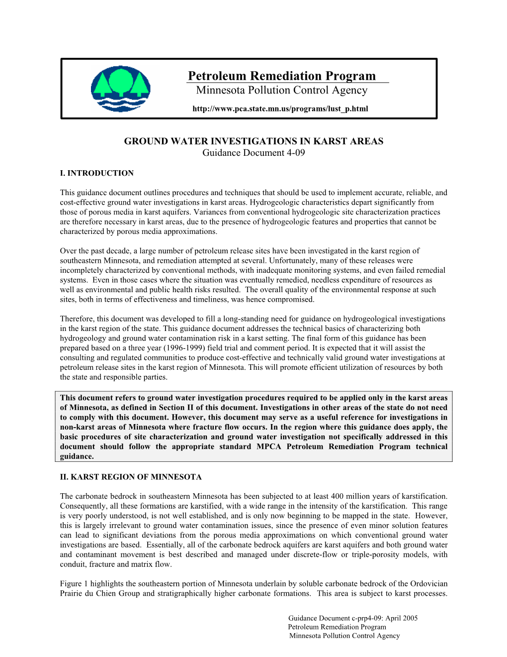 GROUND WATER INVESTIGATIONS in KARST AREAS Guidance Document 4-09