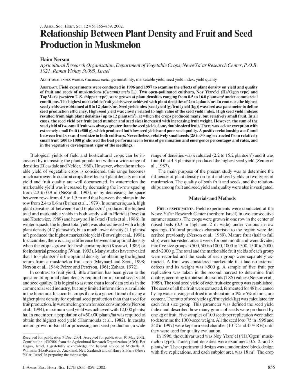 Relationship Between Plant Density and Fruit and Seed Production in Muskmelon