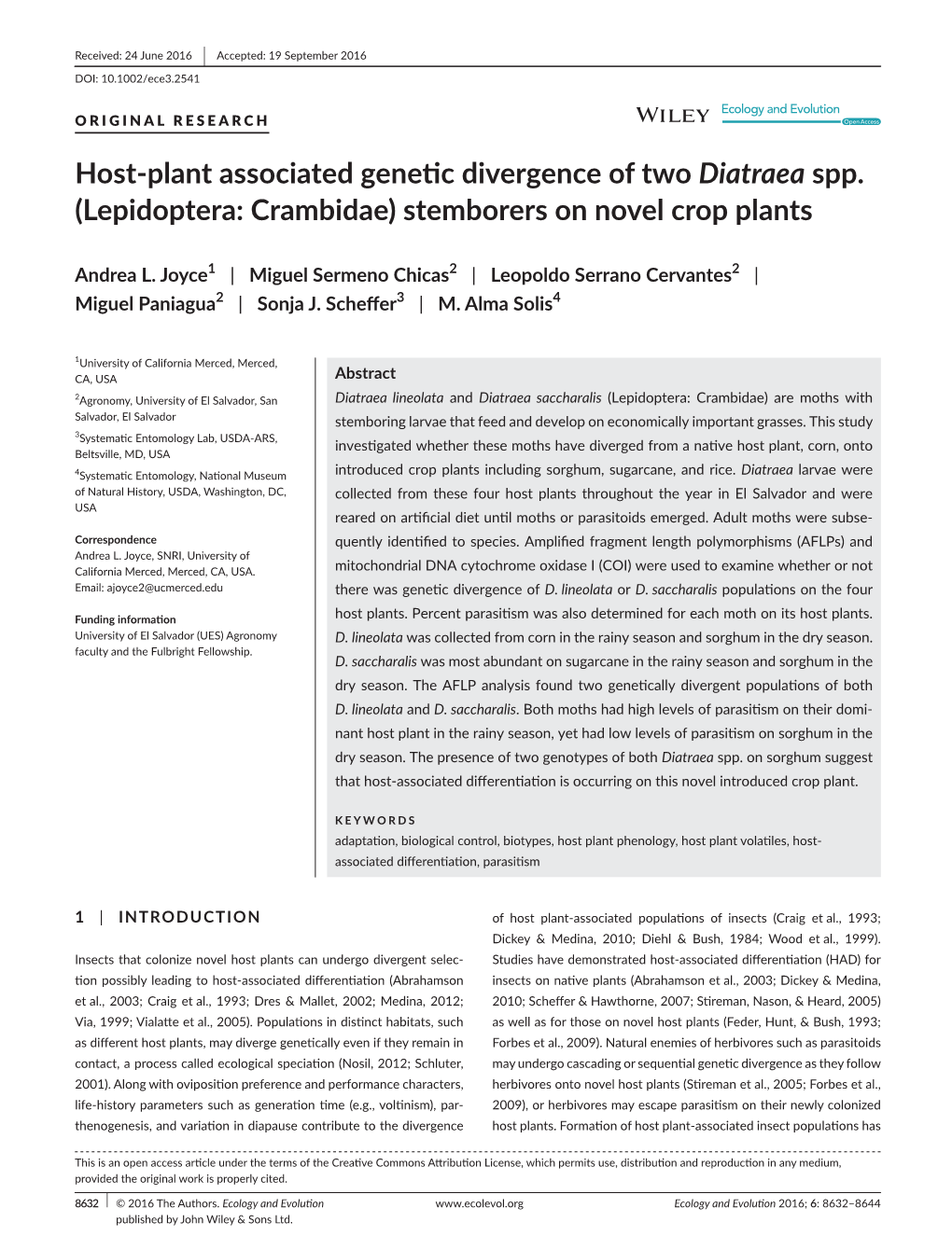 Host‐Plant Associated Genetic Divergence of Two Diatraea Spp. (Lepidoptera: Crambidae) Stemborers on Novel Crop Plant