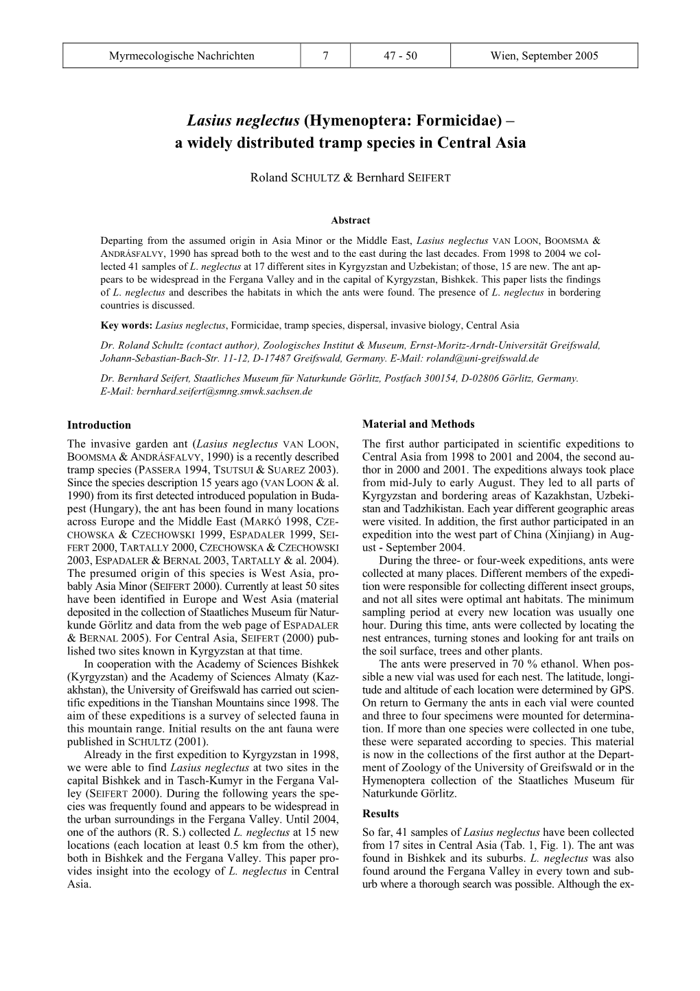 Lasius Neglectus (Hymenoptera: Formicidae) – a Widely Distributed Tramp Species in Central Asia