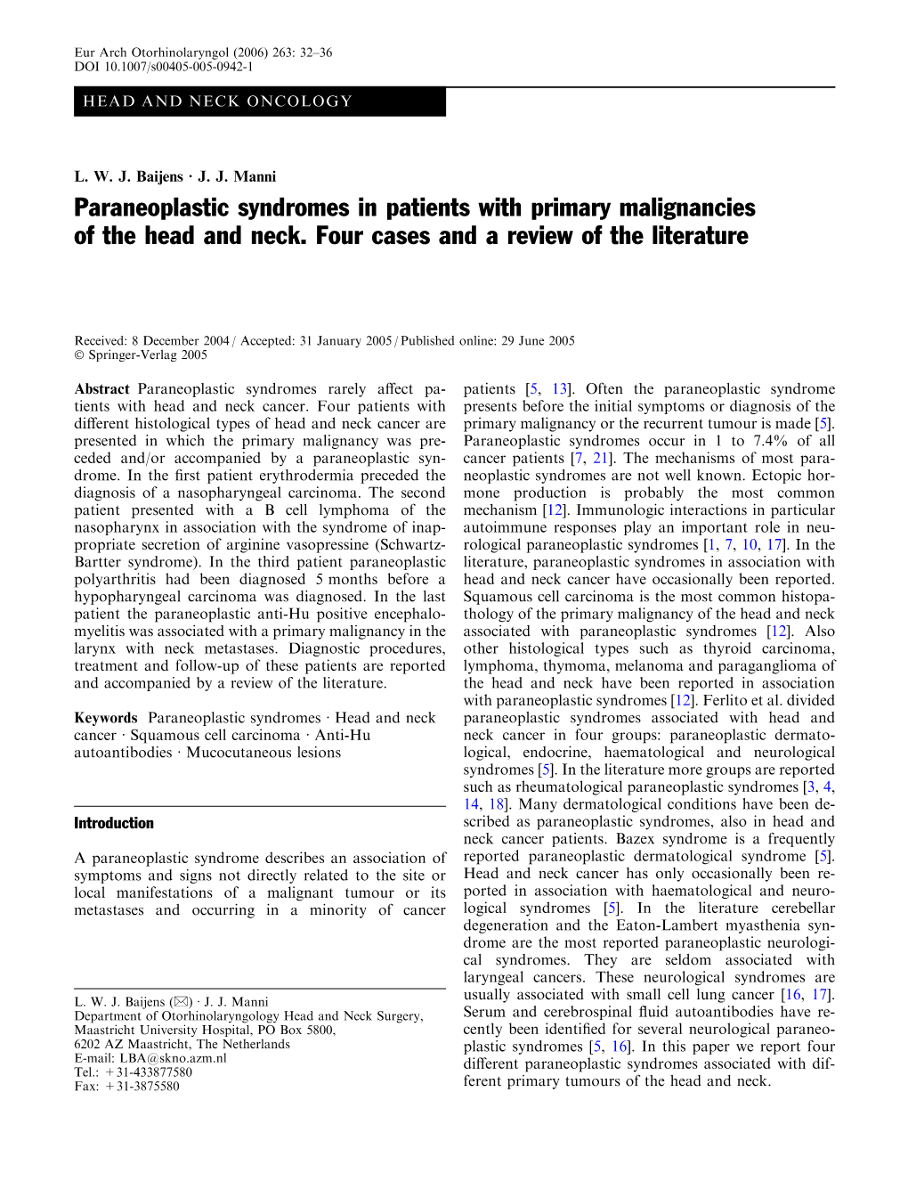 Paraneoplastic Syndromes in Patients with Primary Malignancies of the Head and Neck