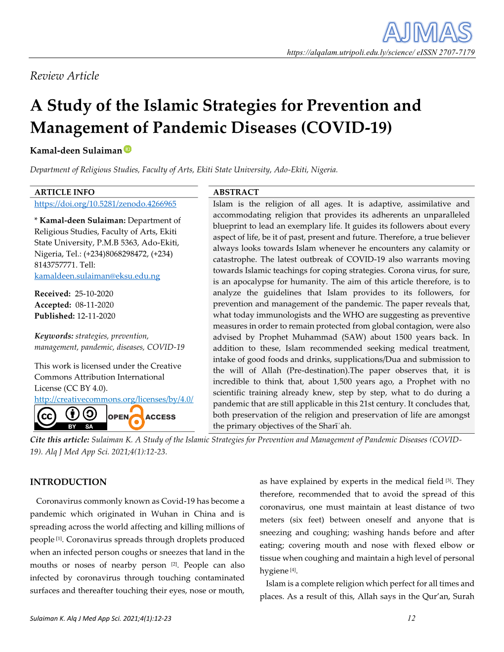 A Study of the Islamic Strategies for Prevention and Management of Pandemic Diseases (COVID-19)
