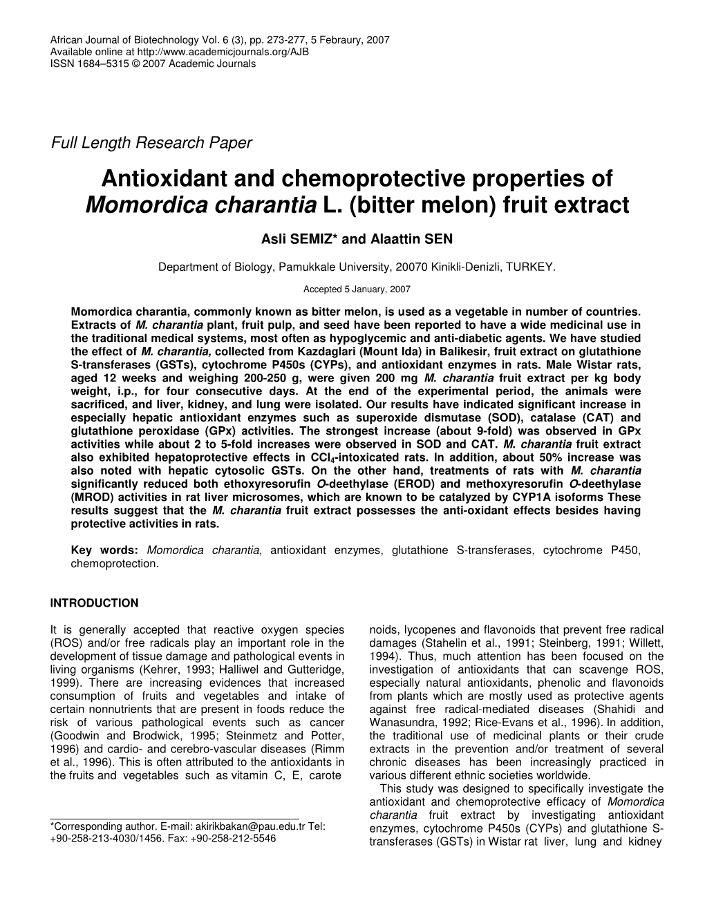 Antioxidant and Chemoprotective Properties of Momordica Charantia L. (Bitter Melon) Fruit Extract