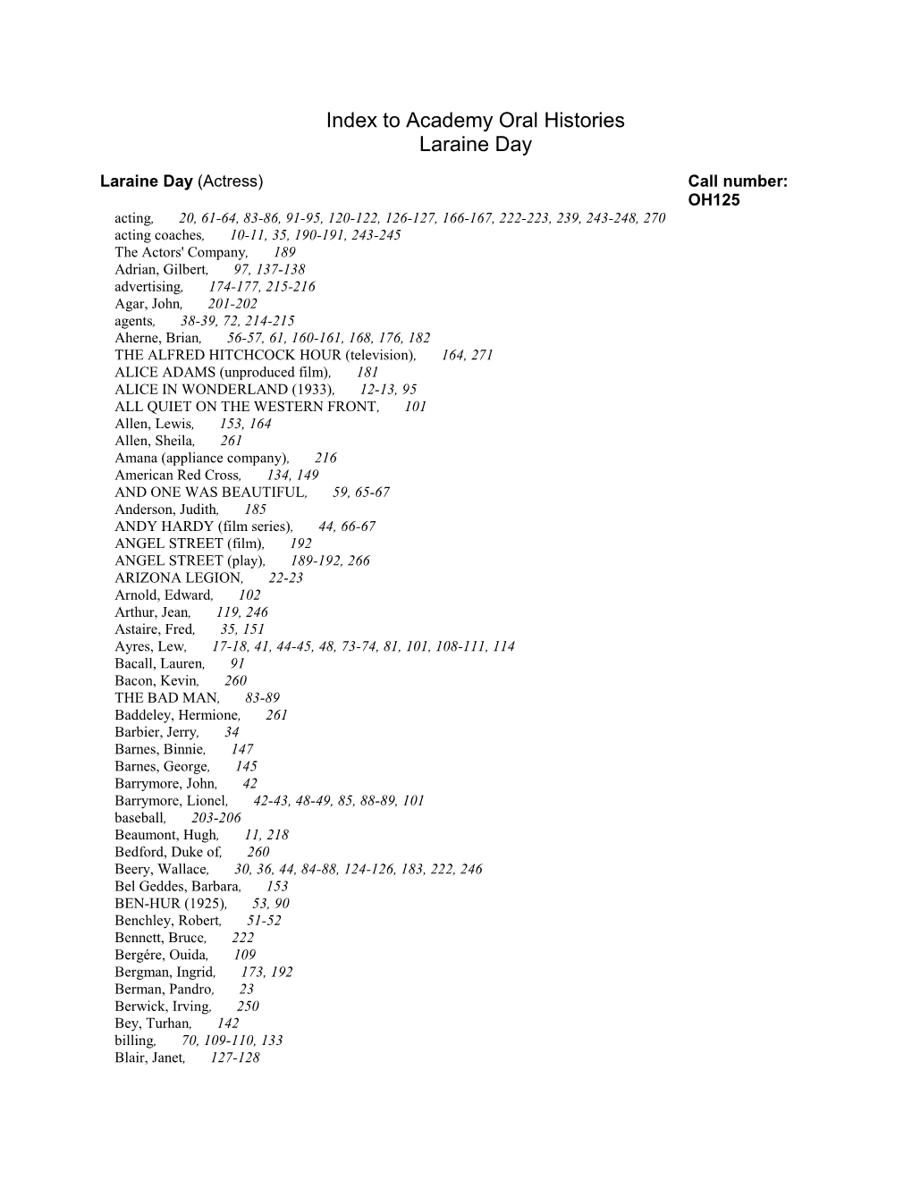 Index to Academy Oral Histories Laraine Day