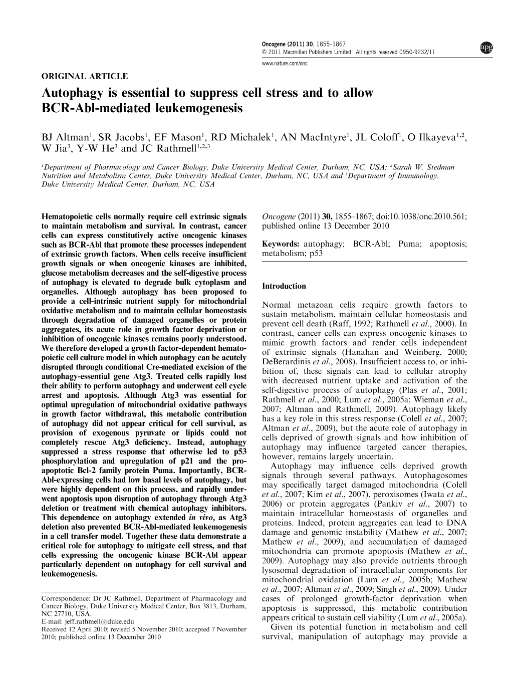 Autophagy Is Essential to Suppress Cell Stress and to Allow BCR-Abl-Mediated Leukemogenesis