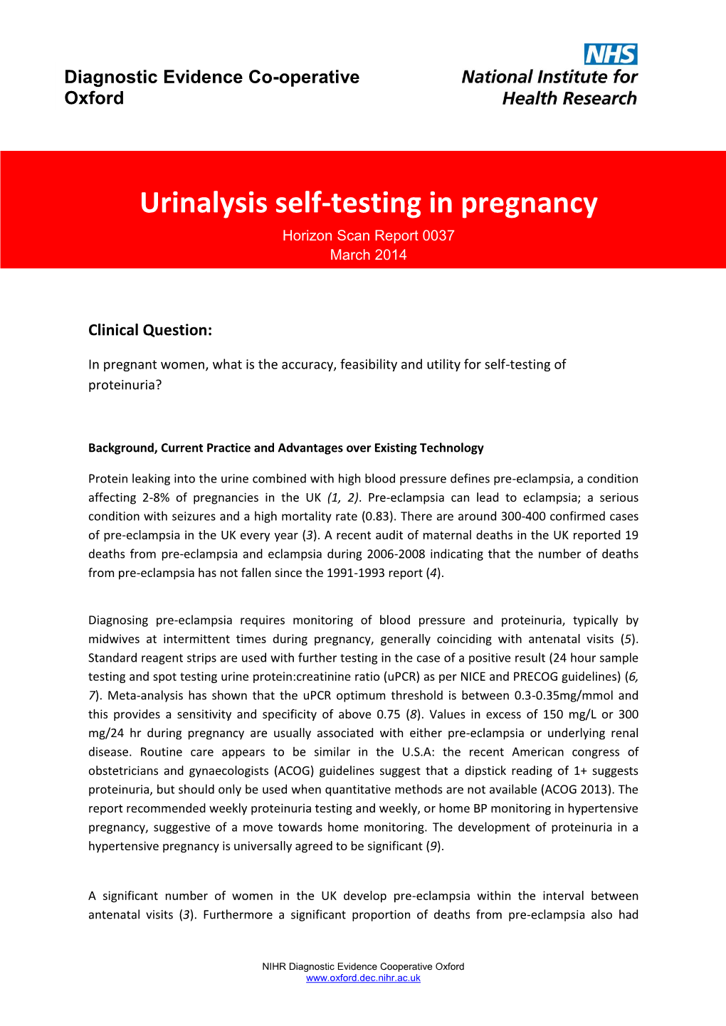 Urinalysis Self-Testing in Pregnancy Horizon Scan Report 0037 March 2014