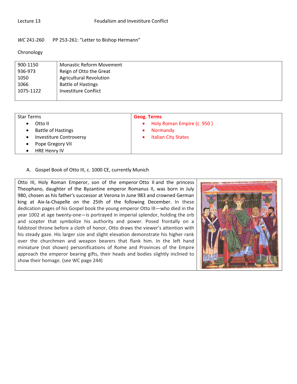 Lecture 13 Feudalism and Investiture Conflict WC 241-260 PP 253-261