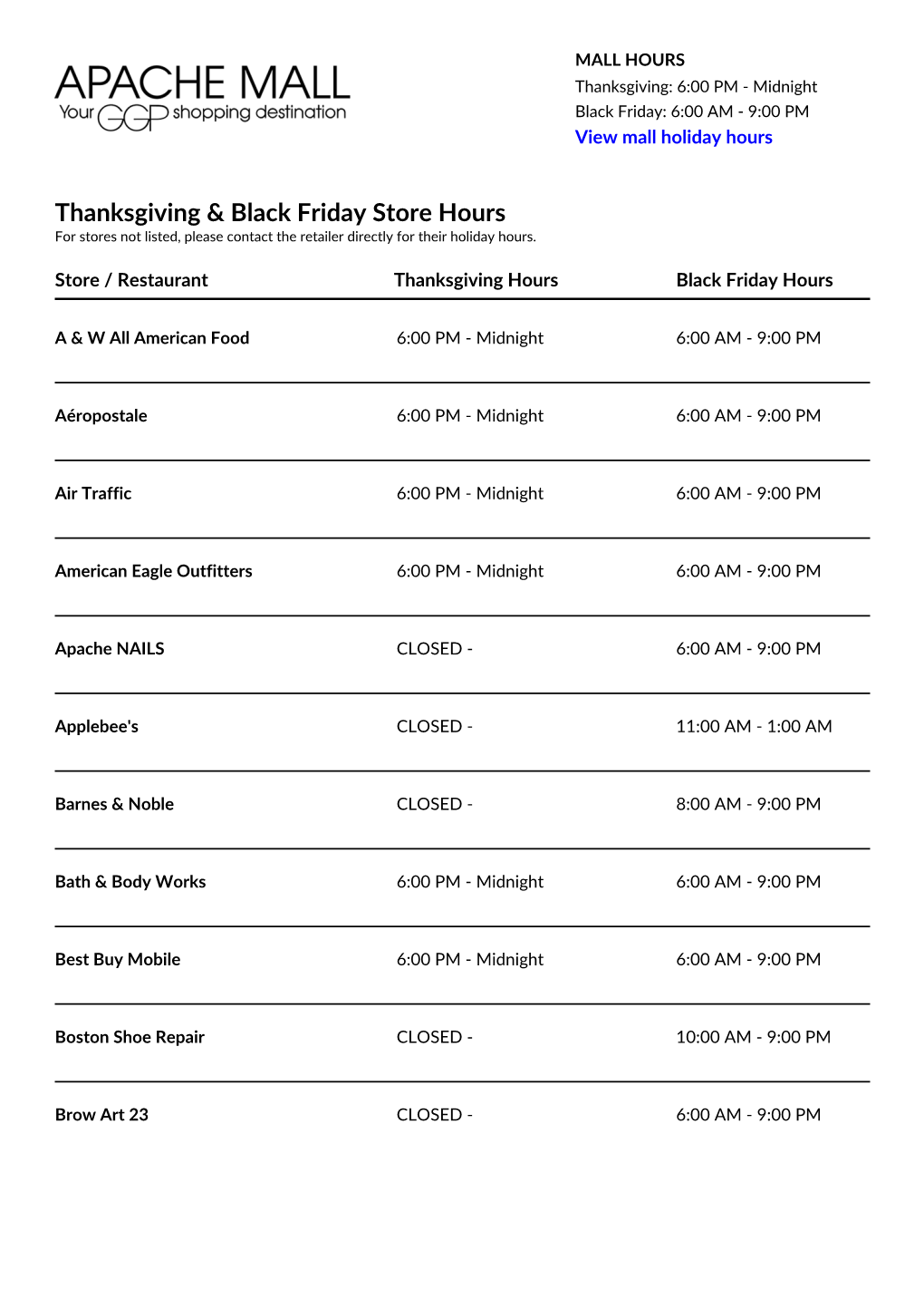 Thanksgiving & Black Friday Store Hours