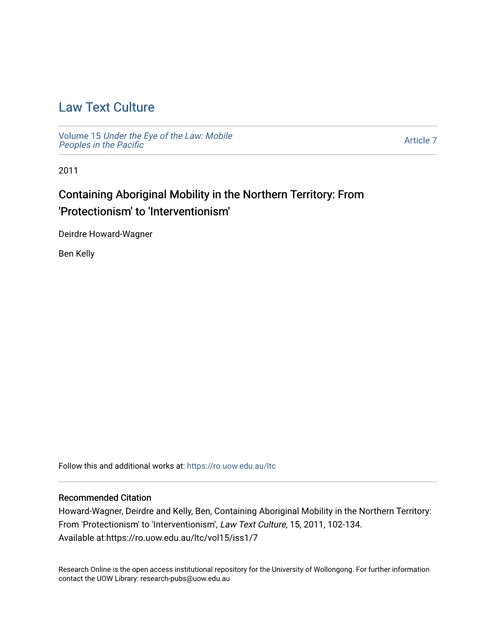 Containing Aboriginal Mobility in the Northern Territory: from 'Protectionism' to 'Interventionism'