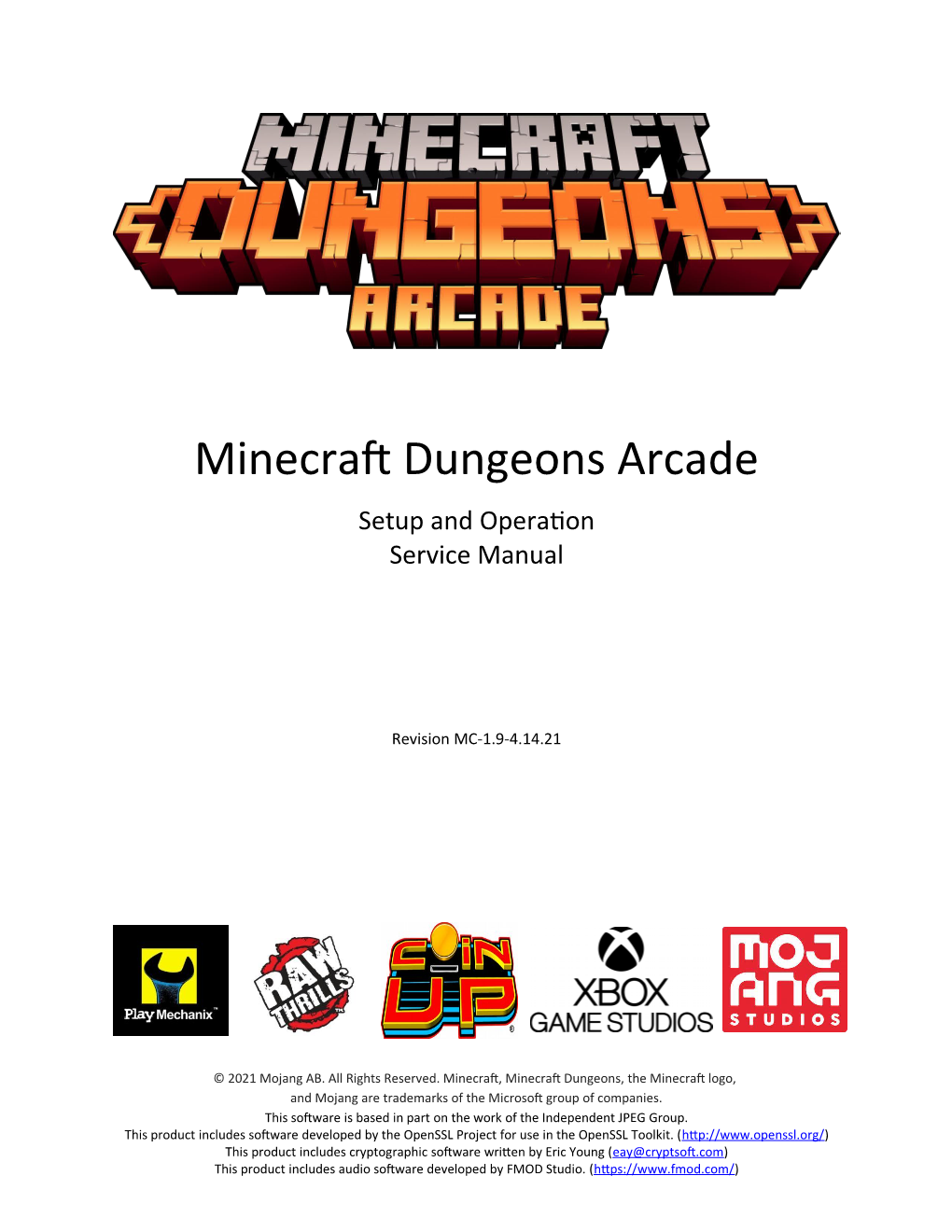 Minecraft Dungeons Arcade Setup and Operaton Service Manual