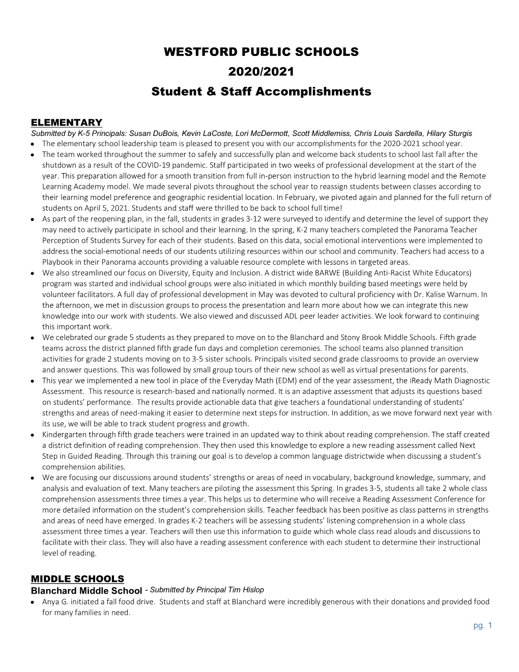 WESTFORD PUBLIC SCHOOLS 2020/2021 Student & Staff Accomplishments