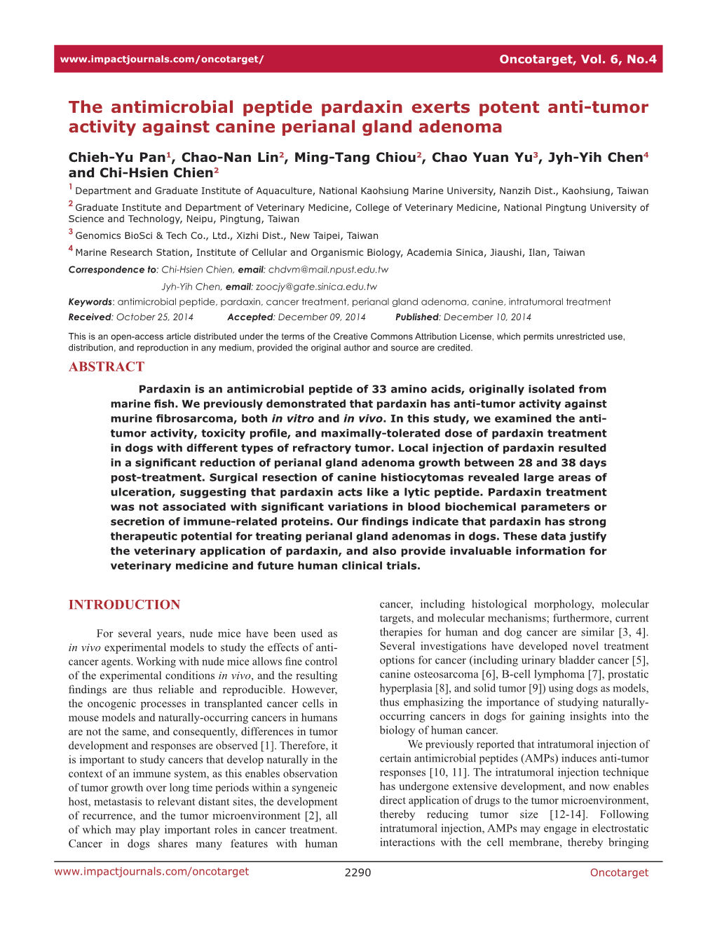 The Antimicrobial Peptide Pardaxin Exerts Potent Anti-Tumor Activity Against Canine Perianal Gland Adenoma