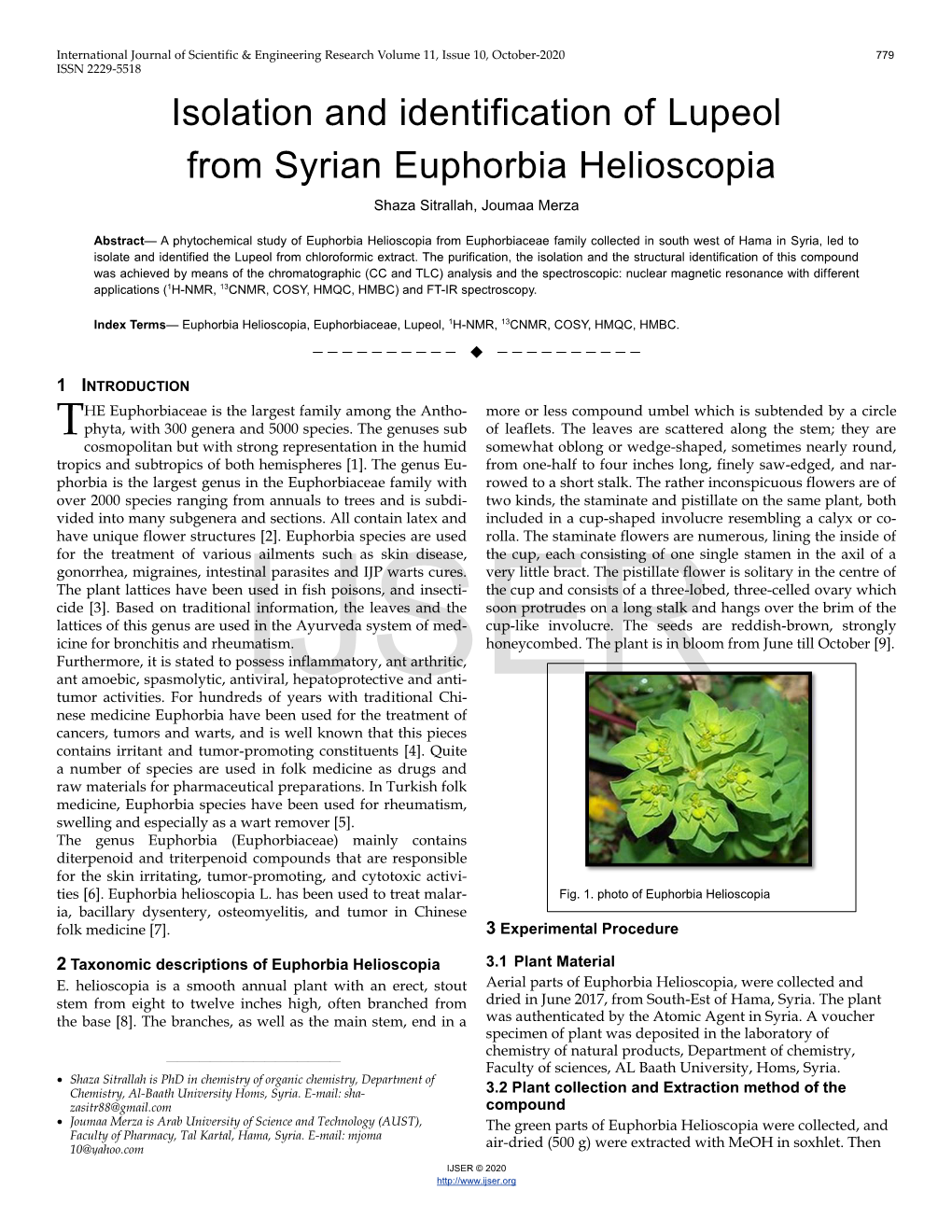 Isolation and Identification of Lupeol from Syrian Euphorbia Helioscopia Shaza Sitrallah, Joumaa Merza
