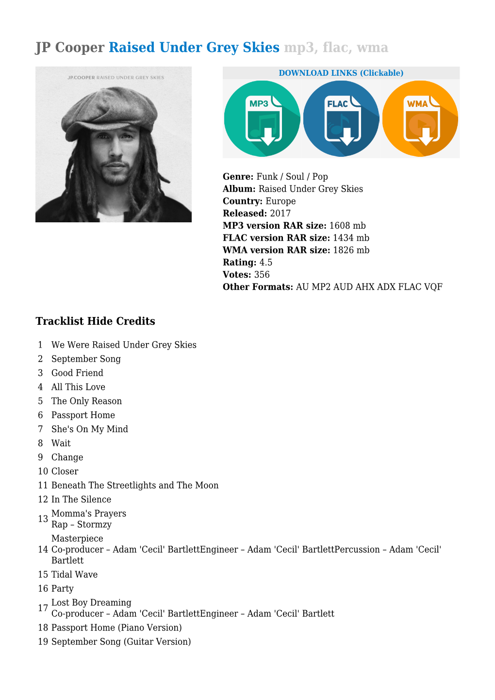 JP Cooper Raised Under Grey Skies Mp3, Flac, Wma