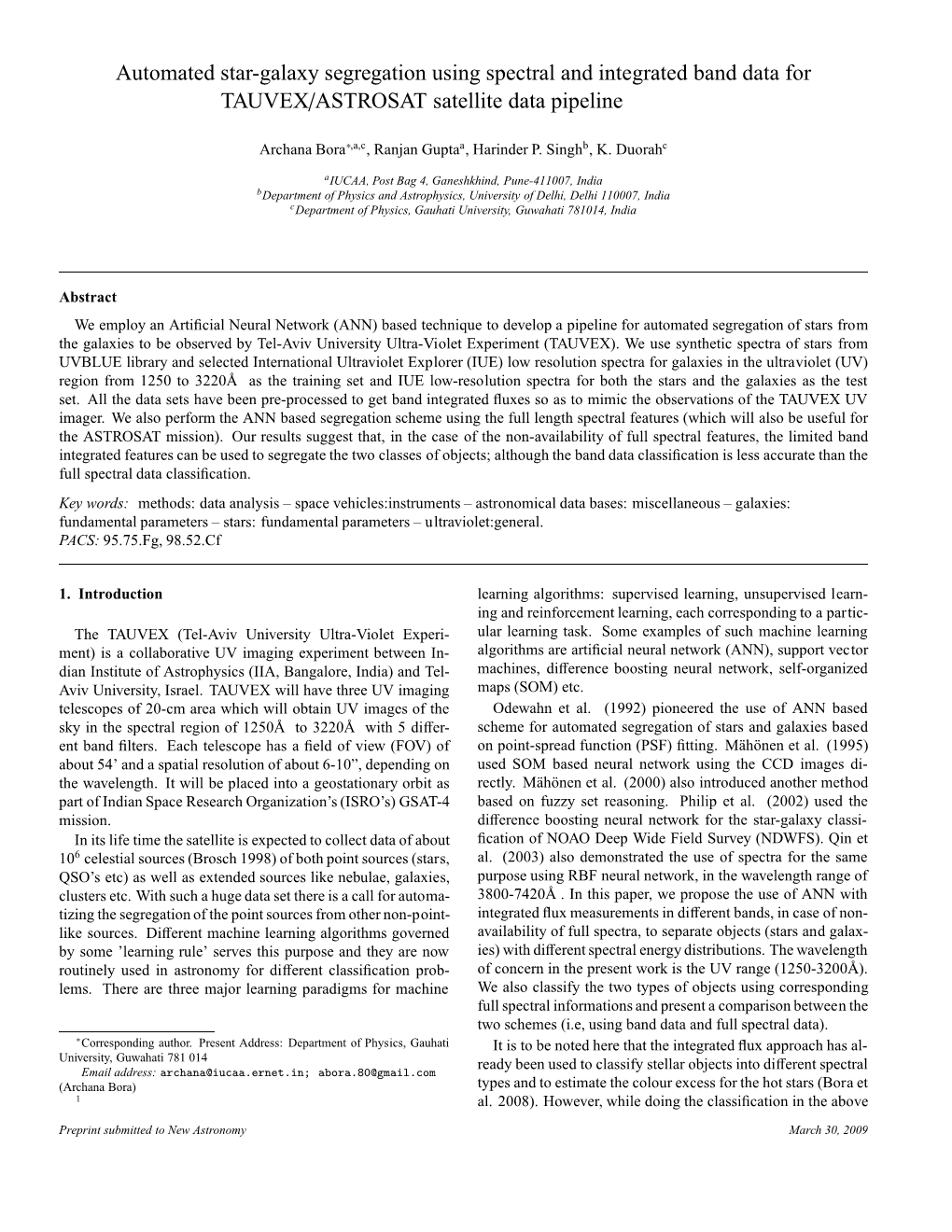 Automated Star-Galaxy Segregation Using Spectral and Integrated Band Data for TAUVEX/ASTROSAT Satellite Data Pipeline