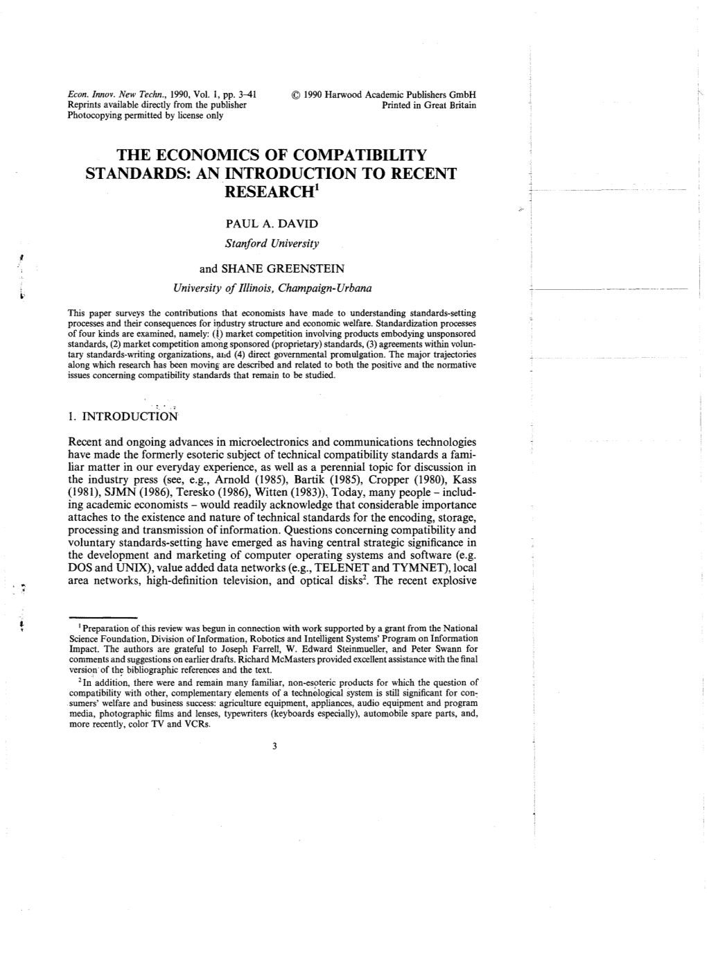 The Economics of Compatibility Standards: an Introduction to Recent Research1 . .;