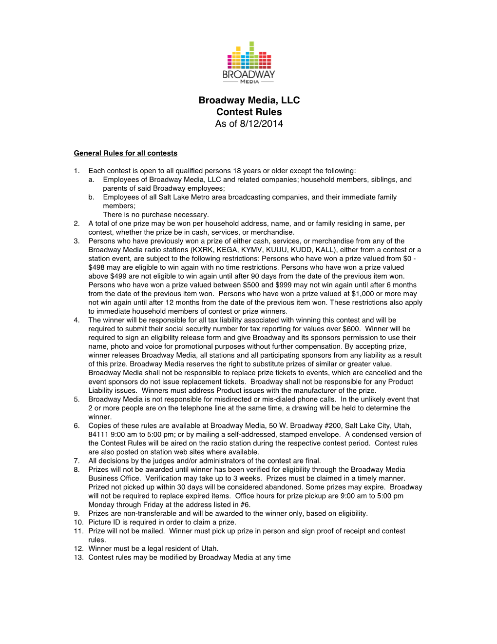 Broadway Media, LLC Contest Rules As of 8/12/2014