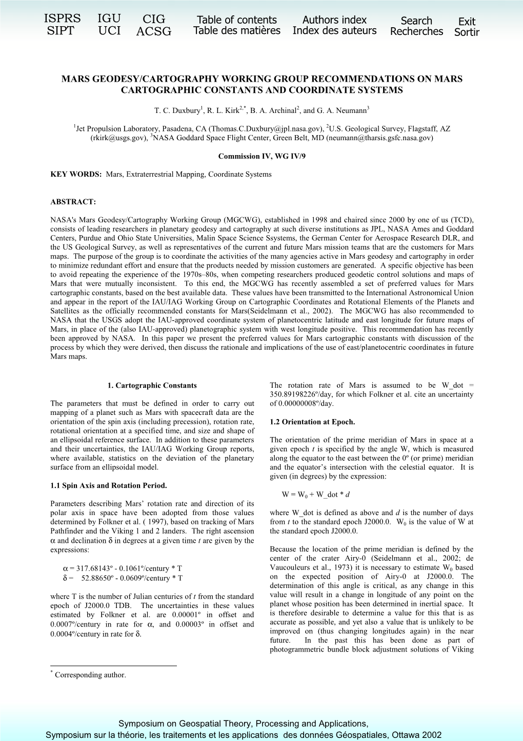 Mars Geodesy/Cartography Working Group Recommendations on Mars Cartographic Constants and Coordinate Systems