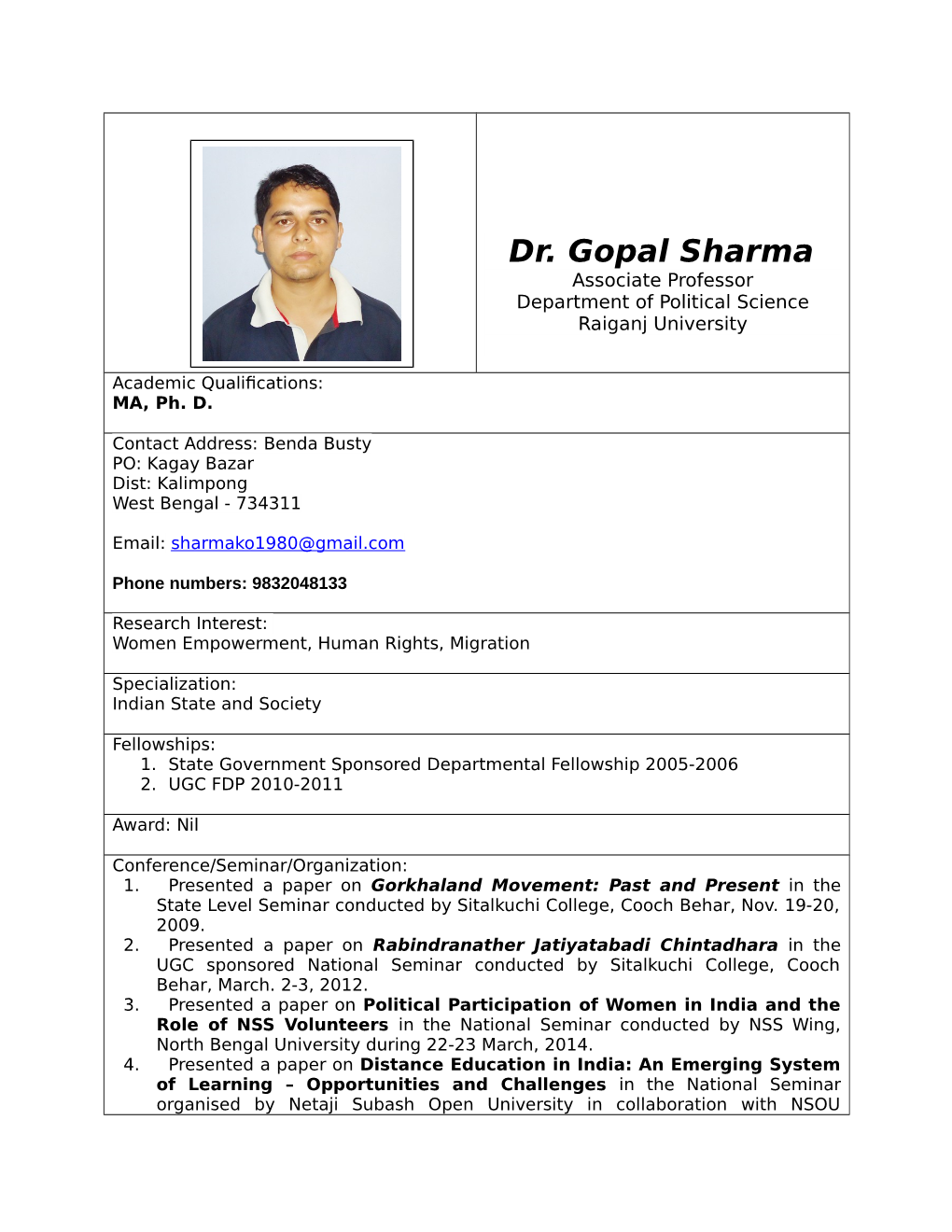 Dr. Gopal Sharma Associate Professor Department of Political Science Raiganj University