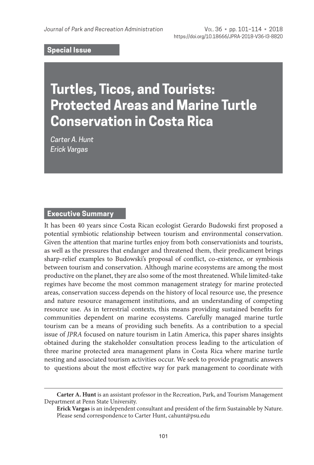Turtles, Ticos, and Tourists: Protected Areas and Marine Turtle Conservation in Costa Rica