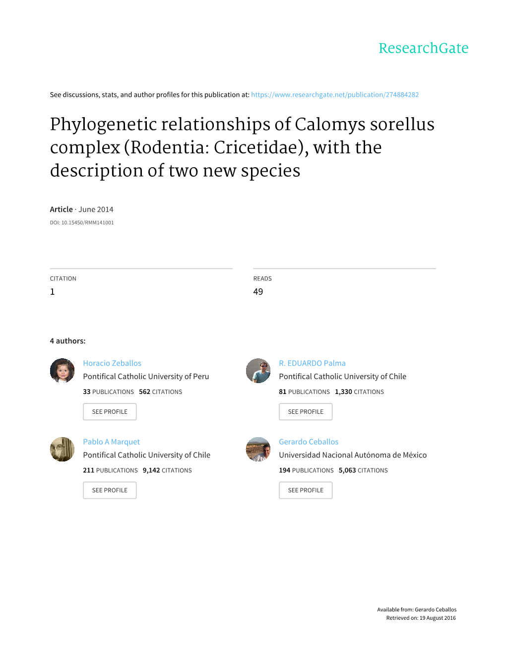 Phylogenetic Relationships of Calomys Sorellus Complex (Rodentia: Cricetidae), with the Description of Two New Species