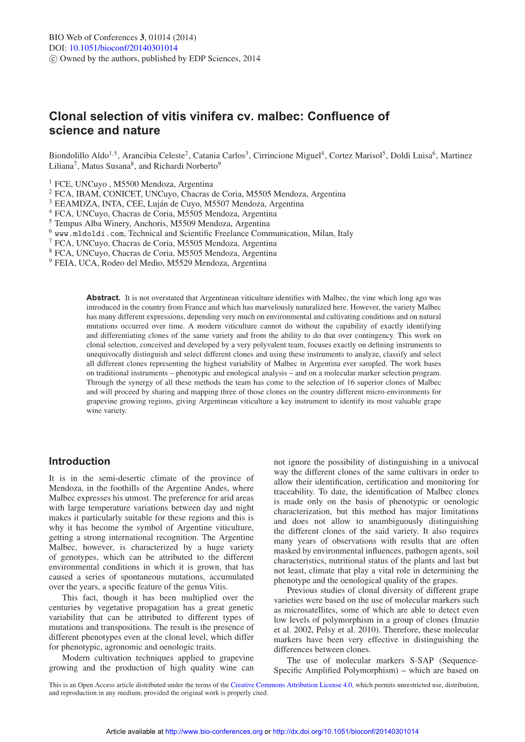 Clonal Selection of Vitis Vinifera Cv. Malbec: Conﬂuence of Science and Nature